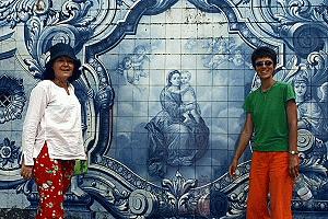 Fernindinha and Therese pause on the incredible staircase up to the church on the hill in Lamego to examine tile work.