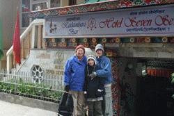 Carrol, Therese and Paul stand in front of our hotel in Darjeeling.