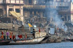 A burning ghat on the Ganges River in Varanasi