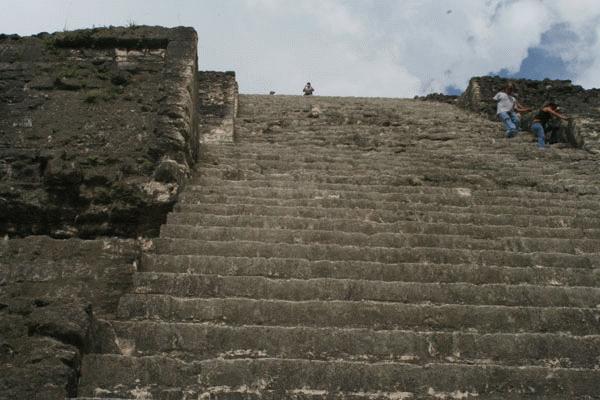 Temple climbing in El Mundo Perdido. Steve used his hands and feet to ascend and utilized the technique know as the 