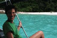 Therese is all smiles as she prepares to disembark into the azure waters and white beaches of Turtle Beach, Prehentian islands.