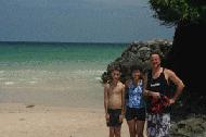 Our dear friend Bill, Therese and Peter take a plunge in the blue waters of the Gulf of Thailand.