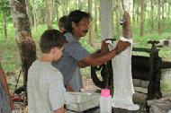 Boon demonstrates of Paul how rubber is pressed and dried to prepare for shipment to the factory