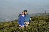 Therese and Carrol hiking through a tea plantation in Darjeeling.