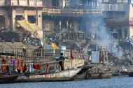 A burning ghat on the Ganges River in Varanasi